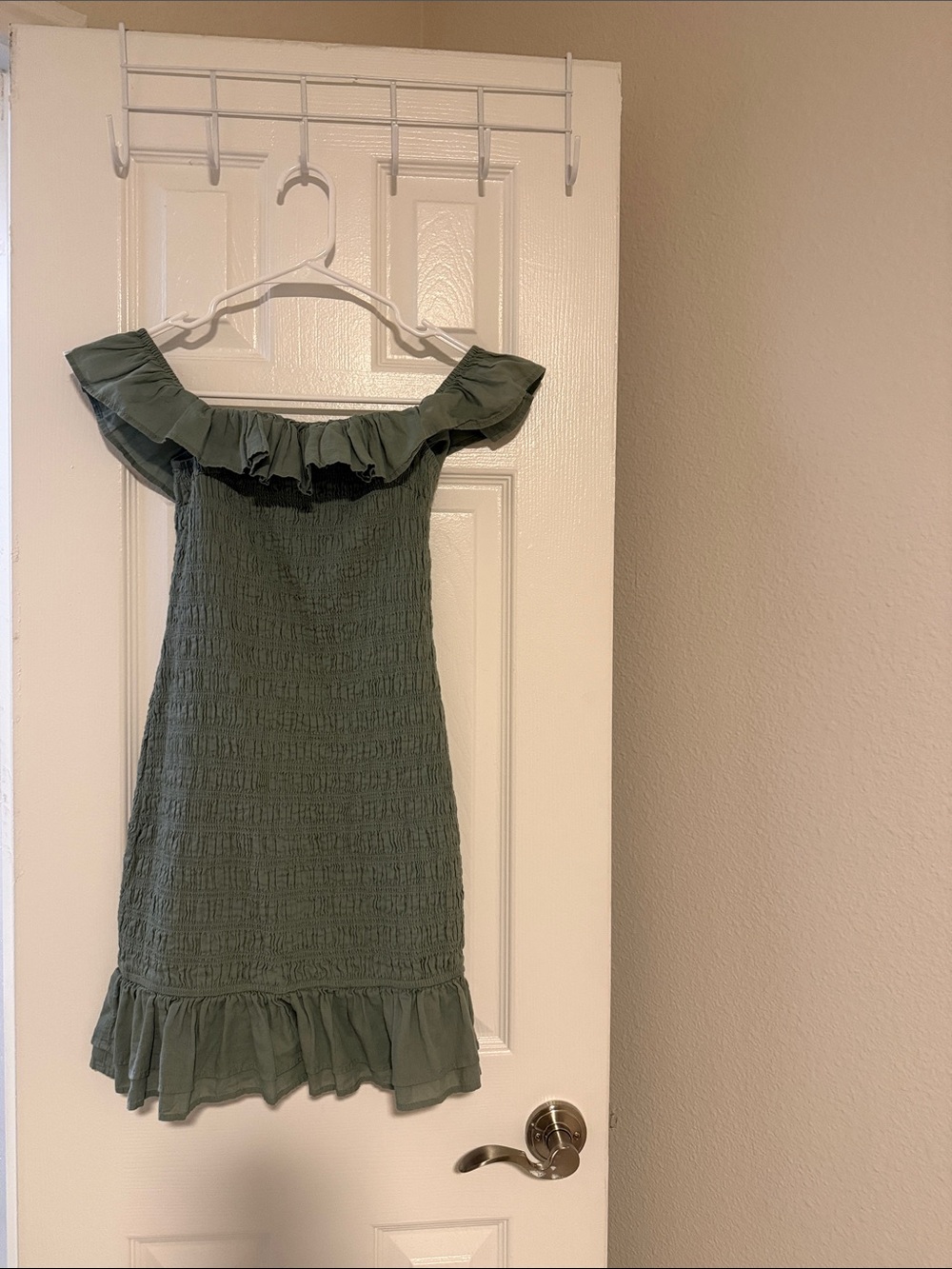 Abercrombie & Fitch Olive Green Off-Shoulder Ruffle Dress